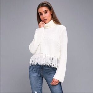 Elegant White Fringe Turtleneck Sweater